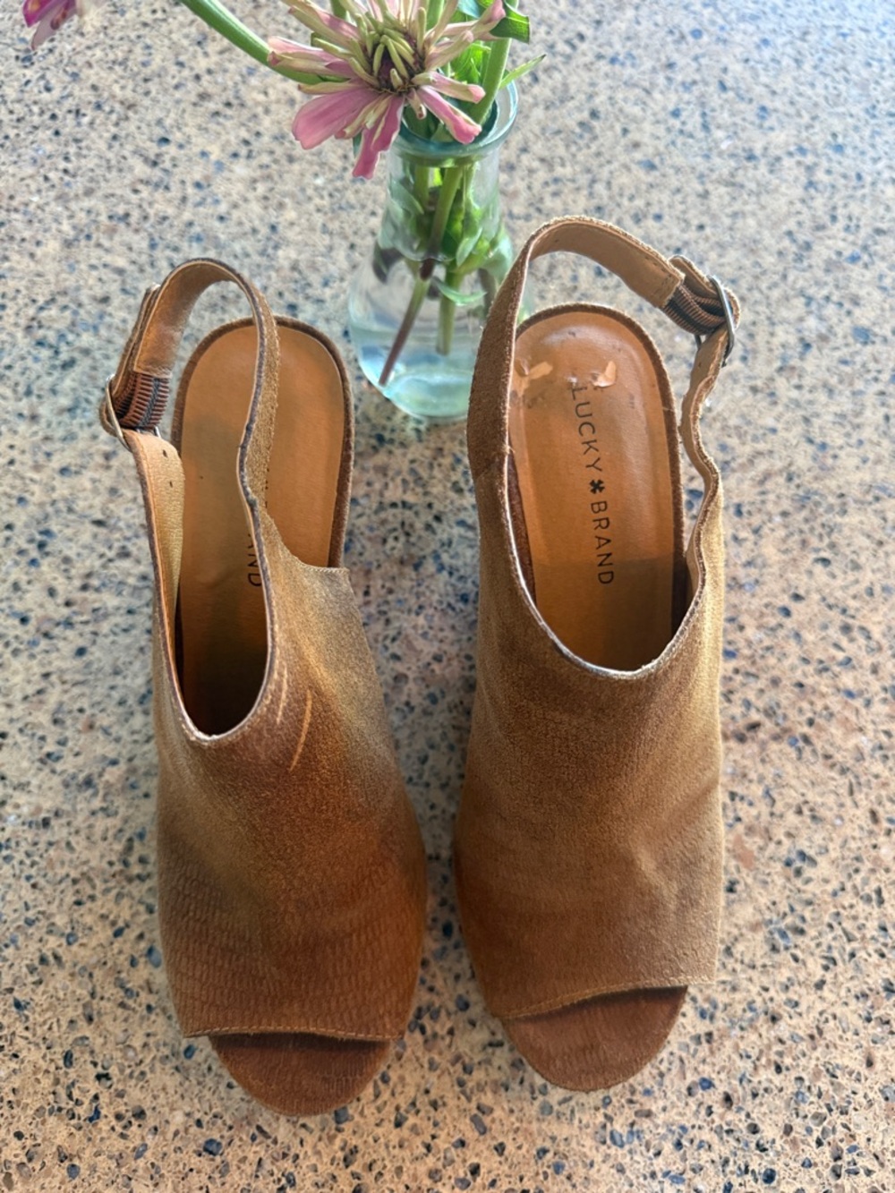 Lucky Brand Brown Suede Peep-Toe Slingback Mules